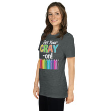Load image into Gallery viewer, Get your Cray On Rainbow Crazy Crayon Art Teacher T-Shirt