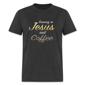 Running on Jesus and Coffee Funny Christian T-Shirt - heather black