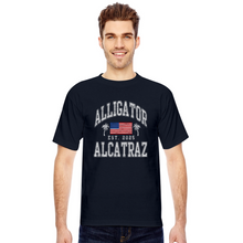 Load image into Gallery viewer, Alligator Alcatraz Est 2025 American Flag Patriotic Made in USA T-Shirt - navy