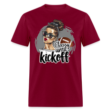 Load image into Gallery viewer, Classy until Kickoff Football Messy Bun Sports Unisex T-Shirt - burgundy