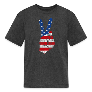 Vintage Peace Sign American Flag 4th of July Kids T-Shirt - heather black