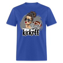 Load image into Gallery viewer, Classy until Kickoff Football Messy Bun Sports Unisex T-Shirt - royal blue