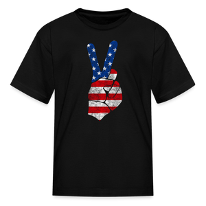 Vintage Peace Sign American Flag 4th of July Kids T-Shirt - black