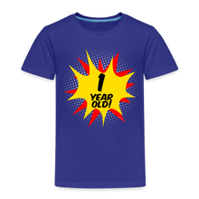 Load image into Gallery viewer, Kids Superhero Comic Explosion Boy&#39;s 1st Birthday T-Shirt - royal blue