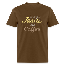 Load image into Gallery viewer, Running on Jesus and Coffee Funny Christian T-Shirt - brown