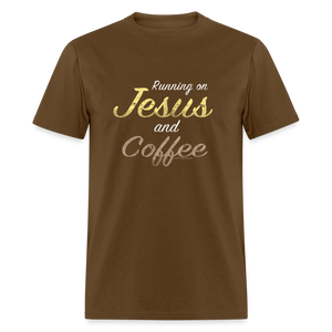 Running on Jesus and Coffee Funny Christian T-Shirt - brown