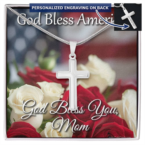 God Bless America, God Bless You Mom, Patriotic Mother's Day Necklace Cross Religious Christian Gift Box