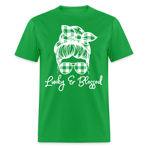 Lucky and Blessed Messy Bun Green St Patricks Day T-Shirt Free Shipping - bright green