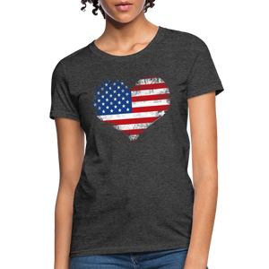 American Flag Heart, Vintage Grunge Style Patriotic Women's T-Shirt - heather black