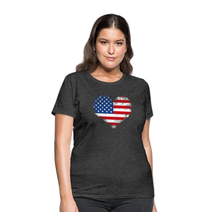 American Flag Heart, Vintage Grunge Style Patriotic Women's T-Shirt - heather black