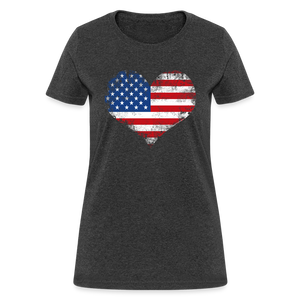 American Flag Heart, Vintage Grunge Style Patriotic Women's T-Shirt - heather black