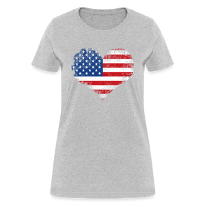 American Flag Heart, Vintage Grunge Style Patriotic Women's T-Shirt - heather gray