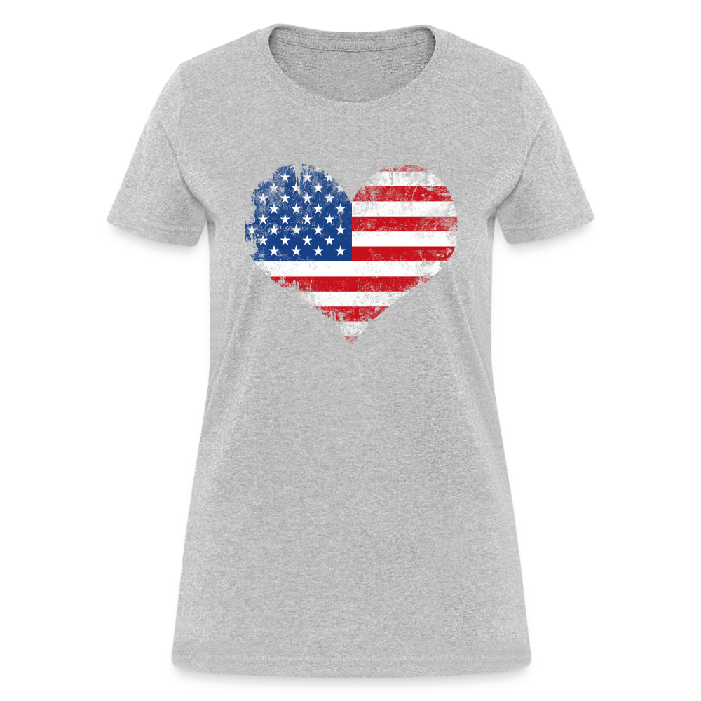 American Flag Heart, Vintage Grunge Style Patriotic Women's T-Shirt - heather gray