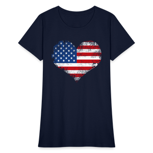 American Flag Heart, Vintage Grunge Style Patriotic Women's T-Shirt - navy