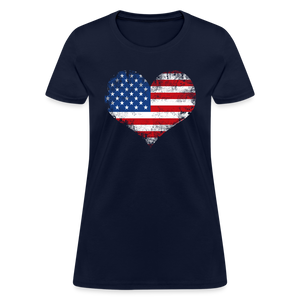 American Flag Heart, Vintage Grunge Style Patriotic Women's T-Shirt - navy