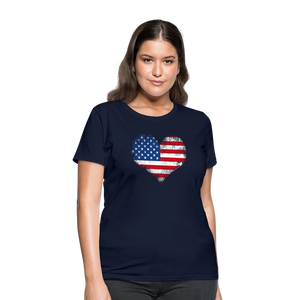 American Flag Heart, Vintage Grunge Style Patriotic Women's T-Shirt - navy