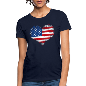 American Flag Heart, Vintage Grunge Style Patriotic Women's T-Shirt - navy