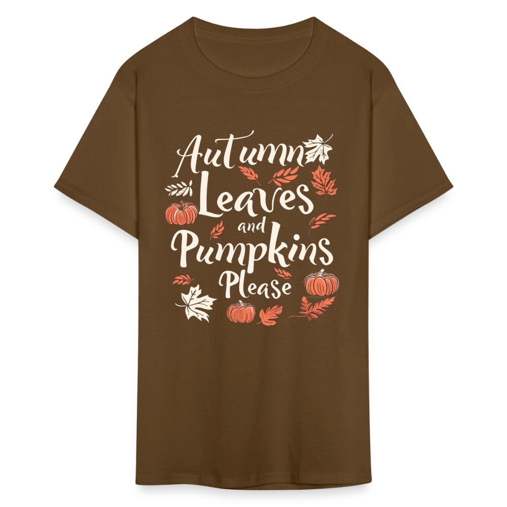 Autumn Leaves and Pumpkins Please Fall Cute Graphic Quote T-Shirt - brown