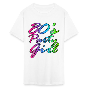 Neon Script 80s Party Girl T-Shirt Retro Fancy Dress Costume - white