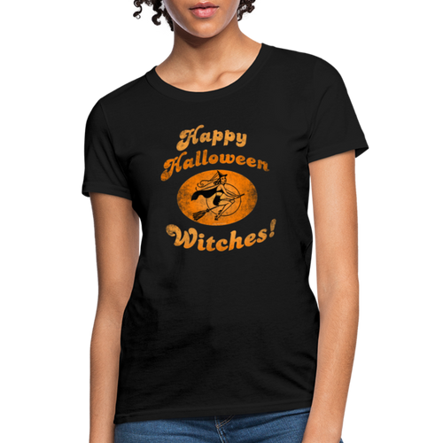 Happy Halloween Witches Cute Womens Vintage T-Shirt - black